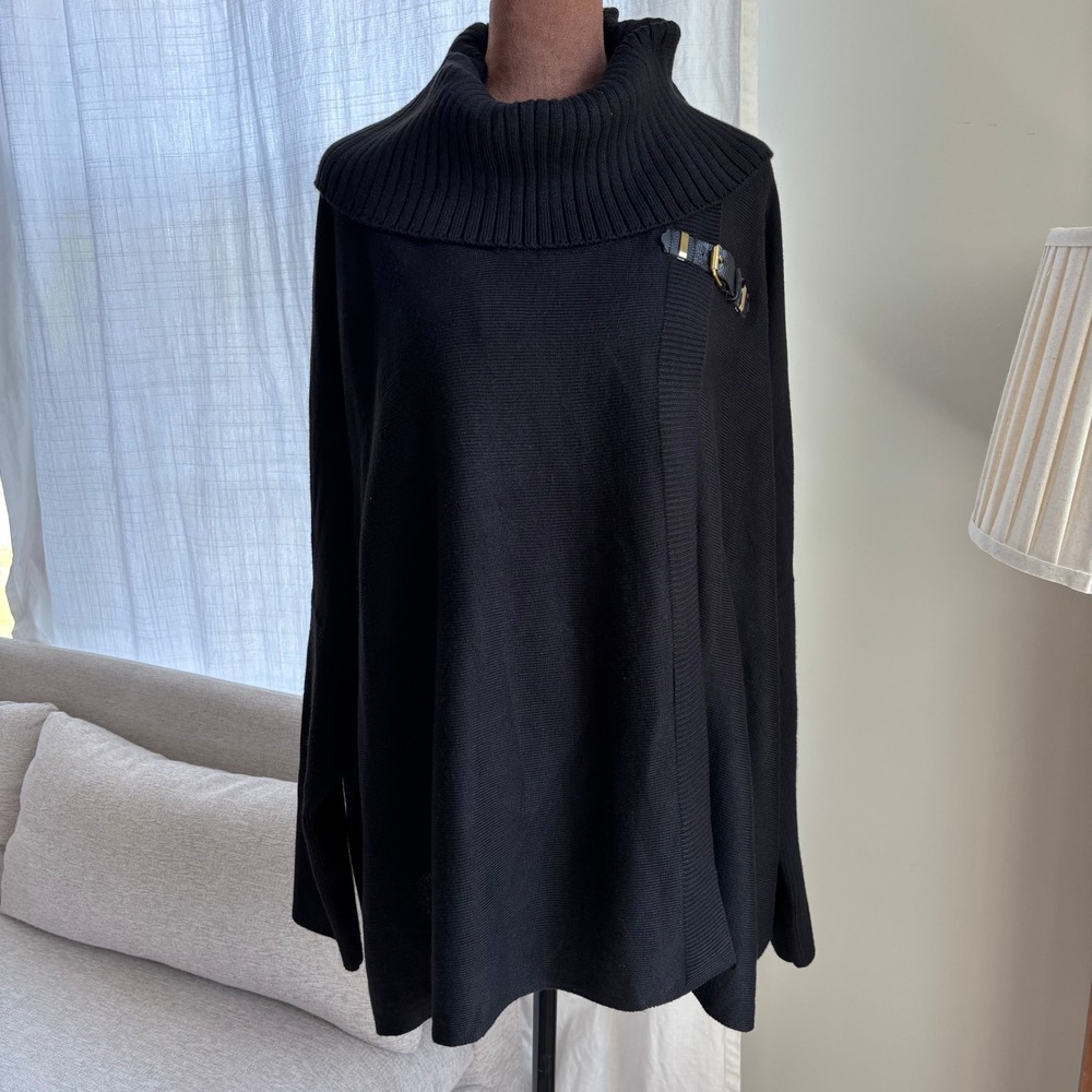 Calvin Klein Cowl Neck Cape Sweater L/XL Buckle Detail Chic Minimalist Preppy
